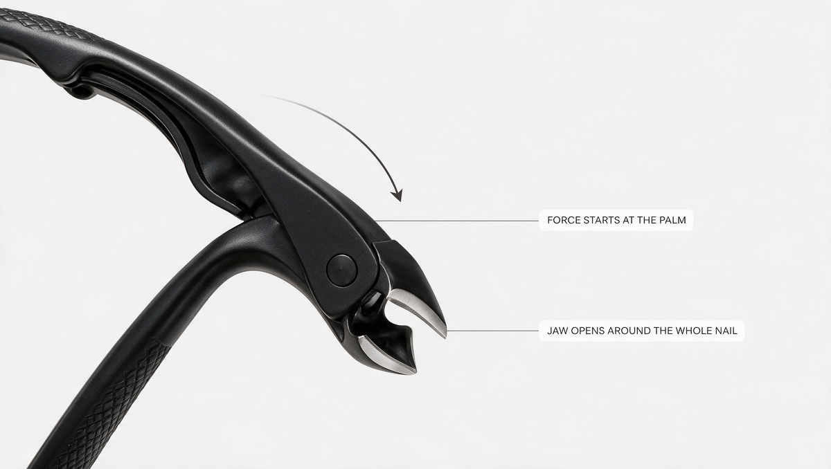 Annotated diagram showing that the cutting force starts at the palm and that the jaw opens around the whole nail